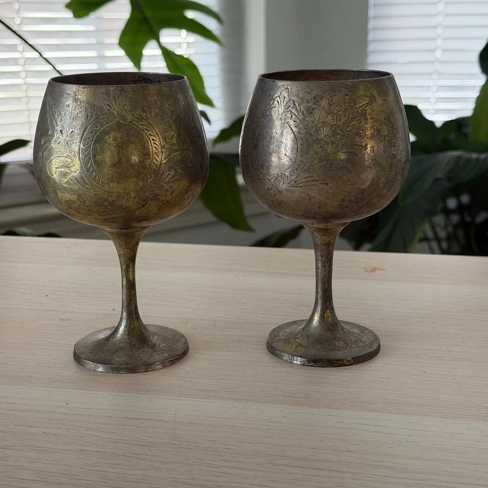Vintage EPNS 925 Silver Plated Goblets Set of 2 Floral Etched Chalice Barware